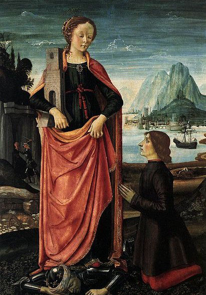 Domenico Ghirlandaio St Barbara Crushing her Infidel Father, with a Kneeling Donor